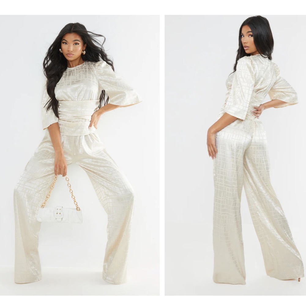 Champagne Satin Short Sleeve Ruched Jumpsuit